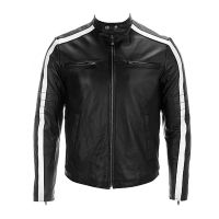 black leather jacket with white stripes