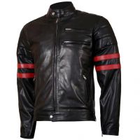 X-Men Wolverine Black with Red Strips Biker Leather Jacket front view