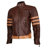 X-MEN Wolverine Origins Brown Biker Leather Jacket front view